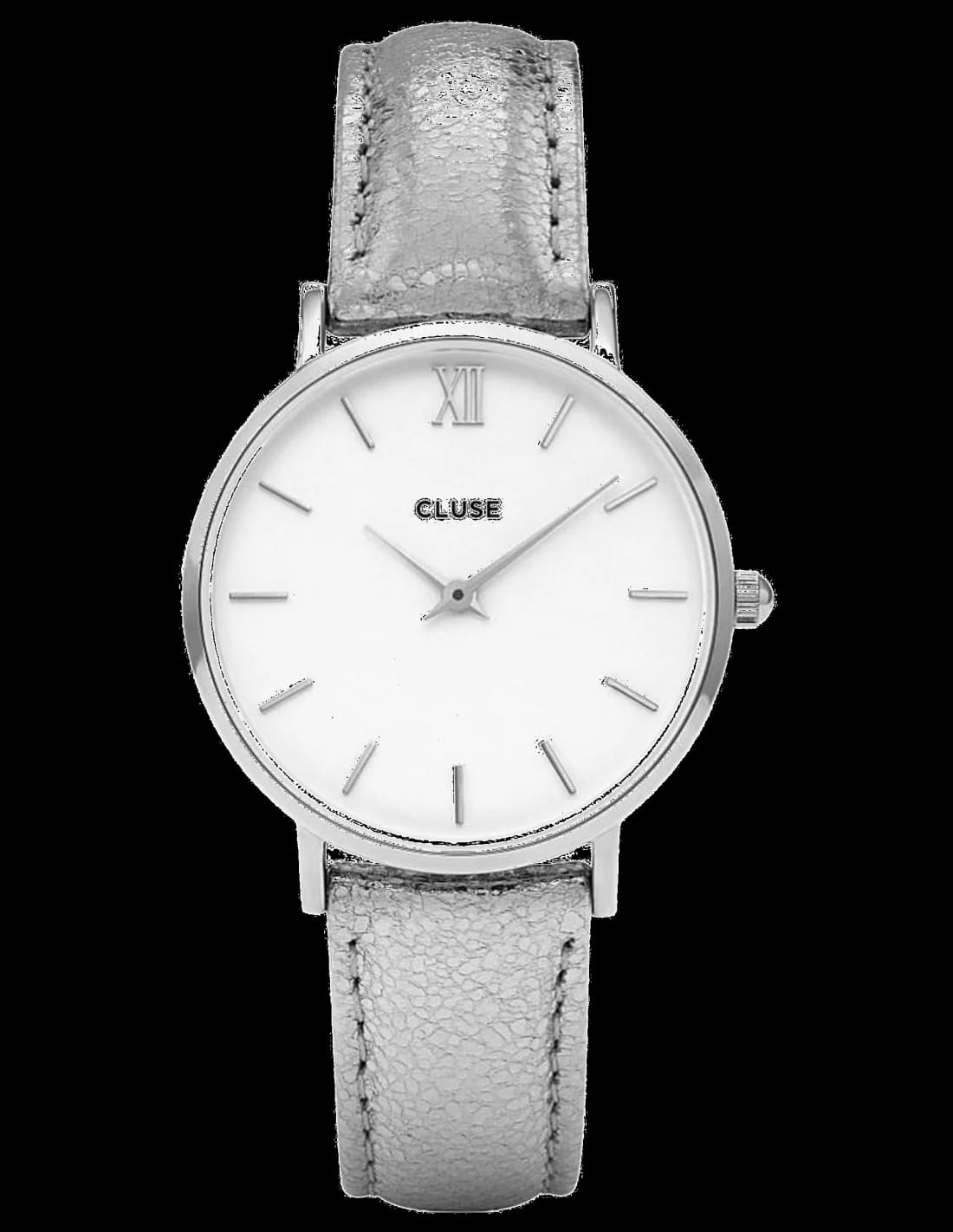 Montre Cluse Minuit CL30039 pour Femme - Cadran Blanc, Boîtier Argent, Bracelet Cuir Gris Électrique