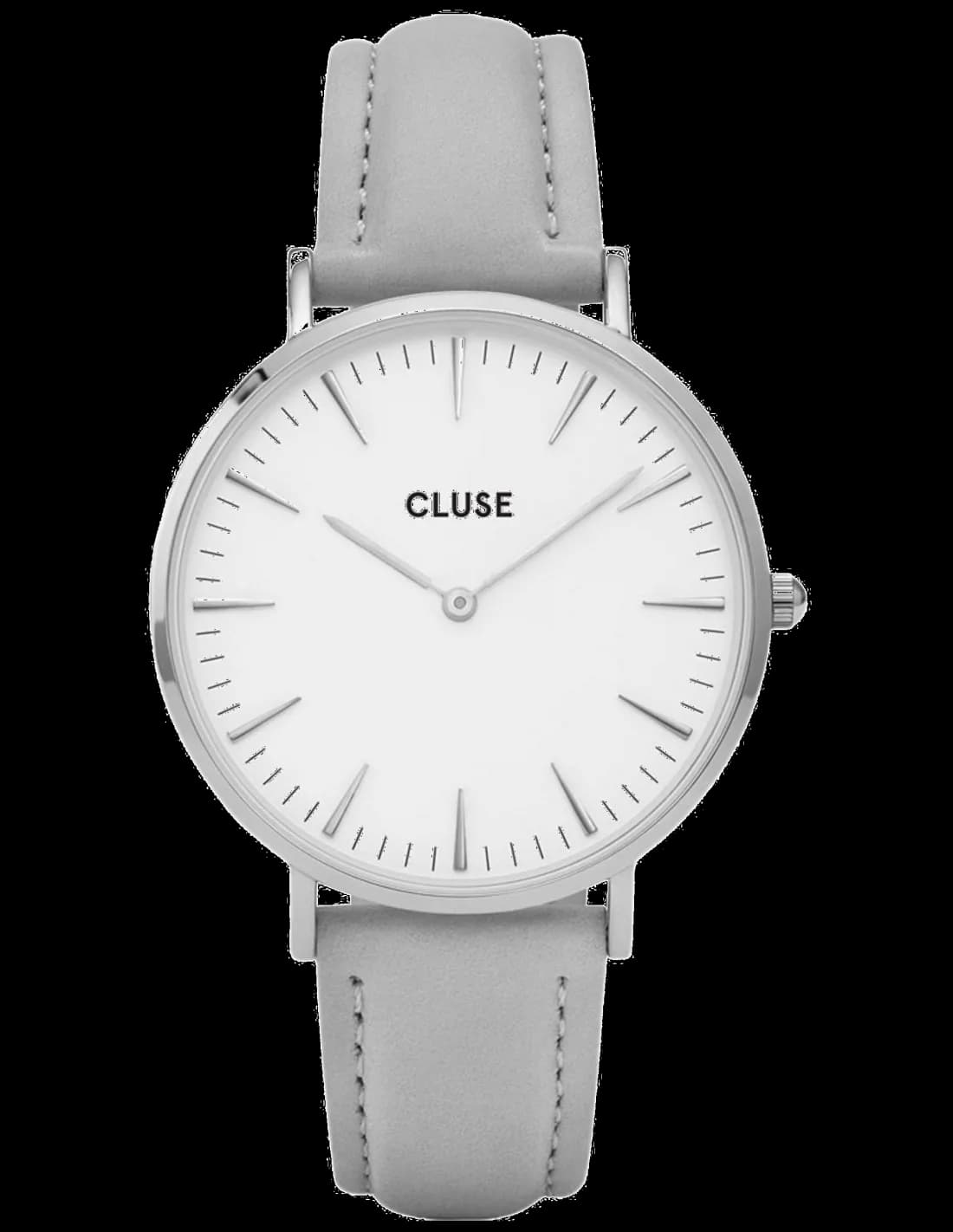 Garde-temps Cluse CL18215 cadran blanc pur, aiguilles épurées, style minimaliste sur fond gris clair