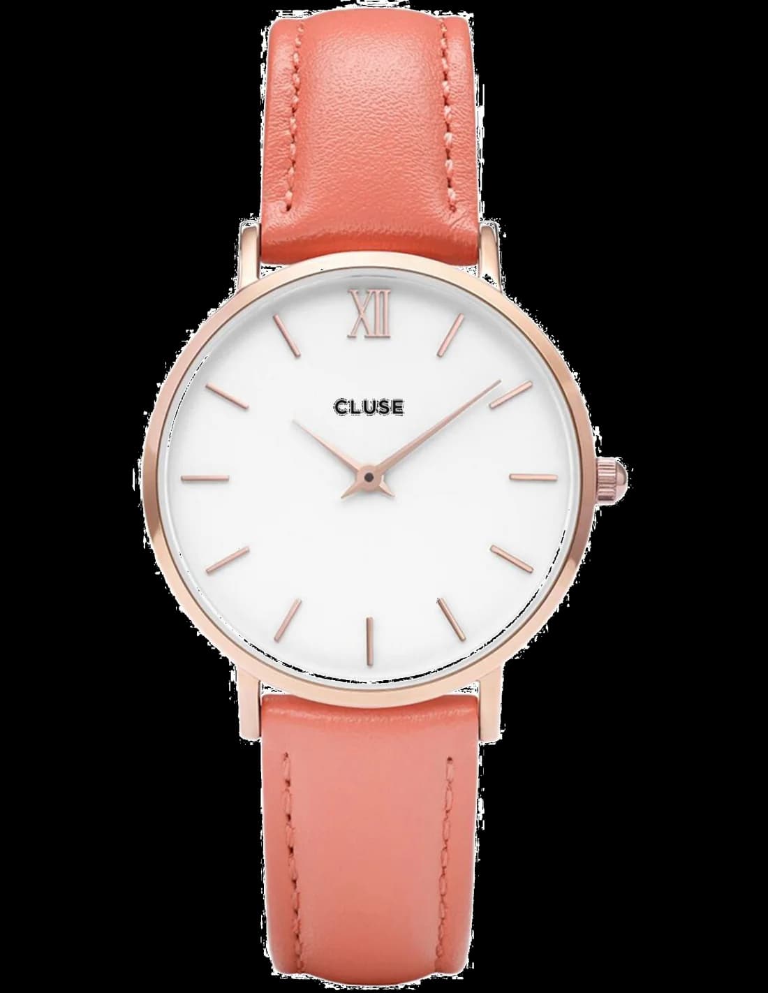 Garde-temps Cluse CL30045 avec cadran corail soleillé, aiguilles bâton argentées et indices minimalistes