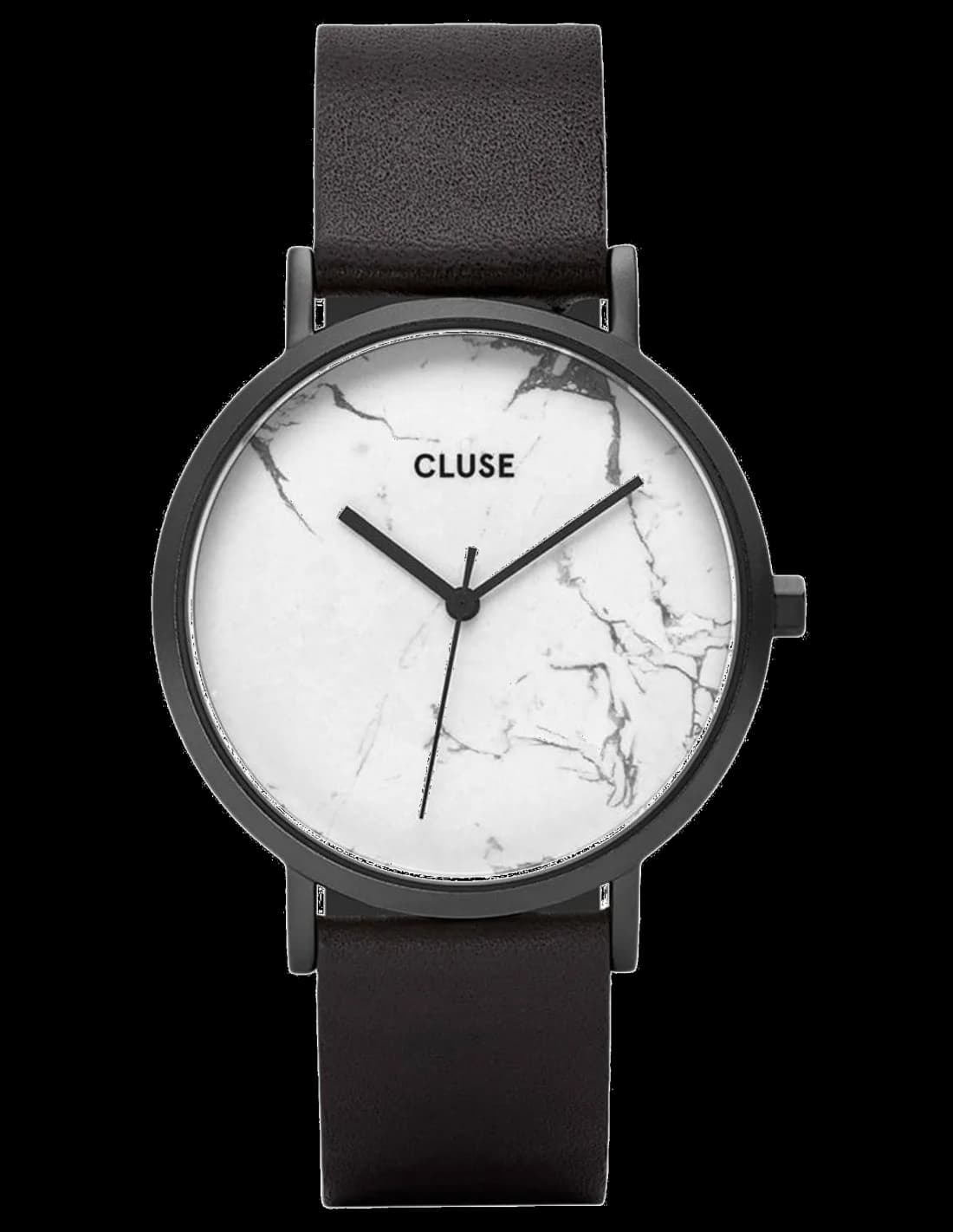Garde-temps Cluse CL40002 cadran marbre blanc veiné noir, aiguilles dorées fines, style minimaliste élégant