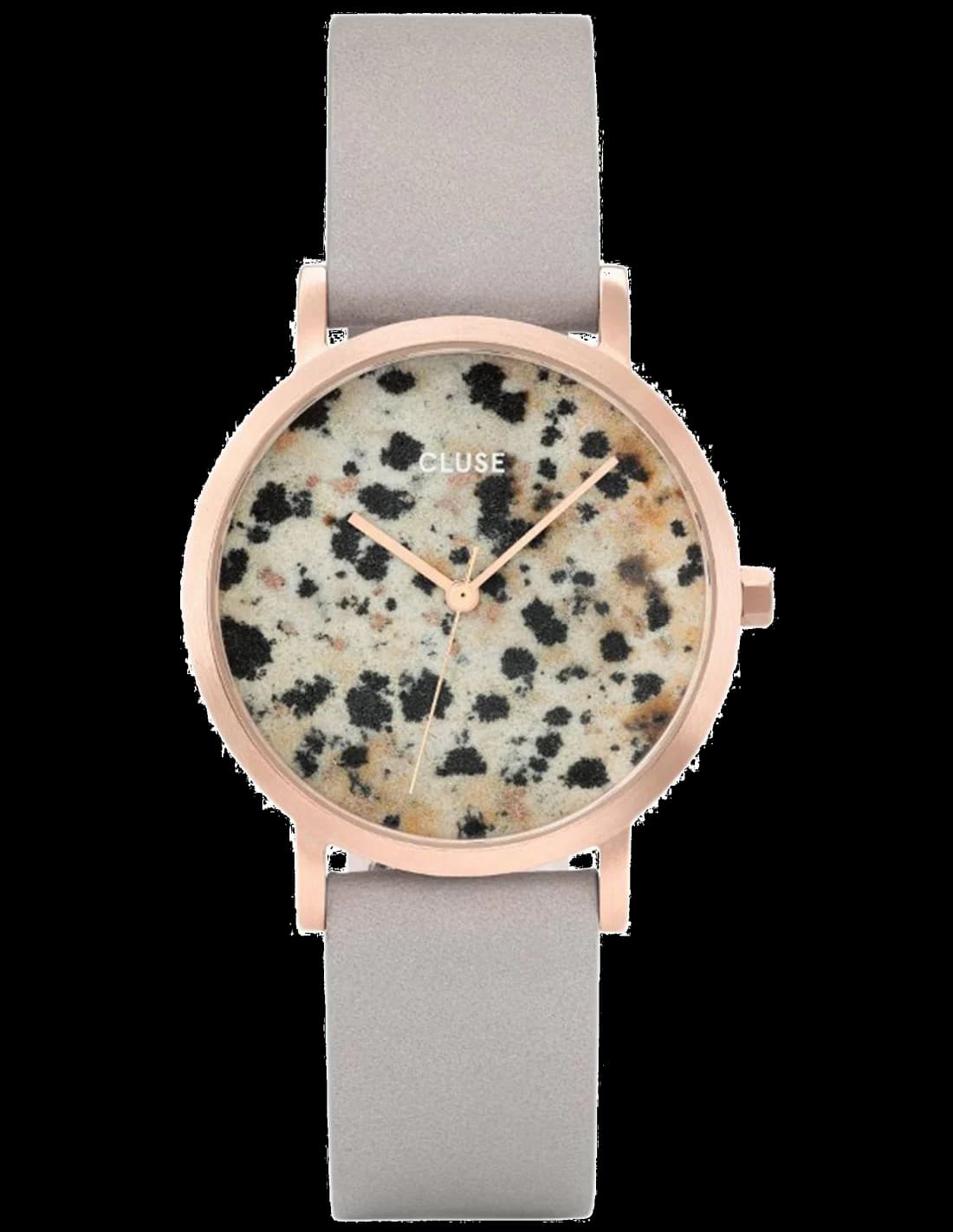 Montre Femme Cluse La Roche CL40106 en Or Rose, Cadran Jaspe Dalmatien et Bracelet Cuir Gris