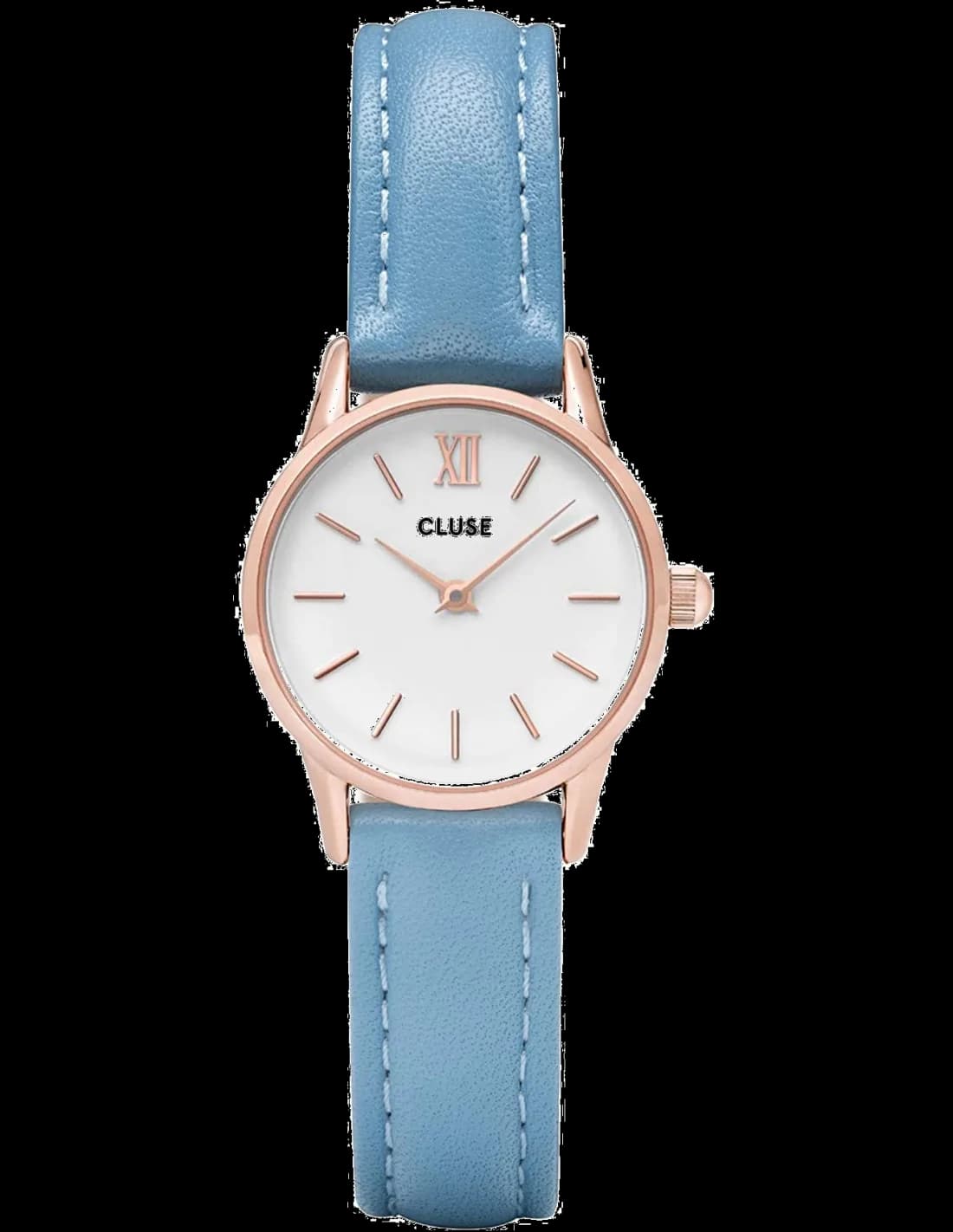 Garde-temps Cluse CL50026 affichant un cadran blanc minimaliste avec index bâtons dorés et aiguilles fines assorties sur fond laqué