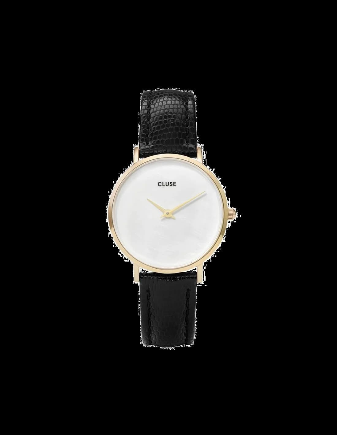 Garde-temps Cluse CL30048 avec cadran nacre blanc et aiguilles fines dorées sur fond noir mat