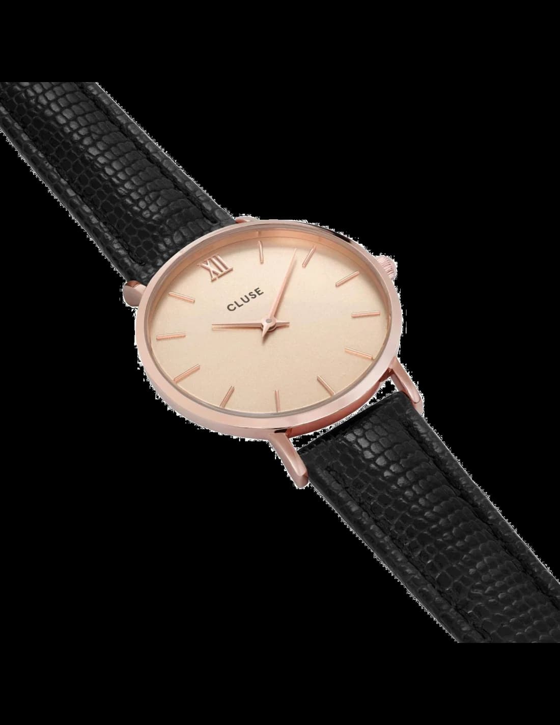 Visage cadran Cluse CL30051 révèle index bâtons et aiguilles dauphine en or rose sur fond noir mat