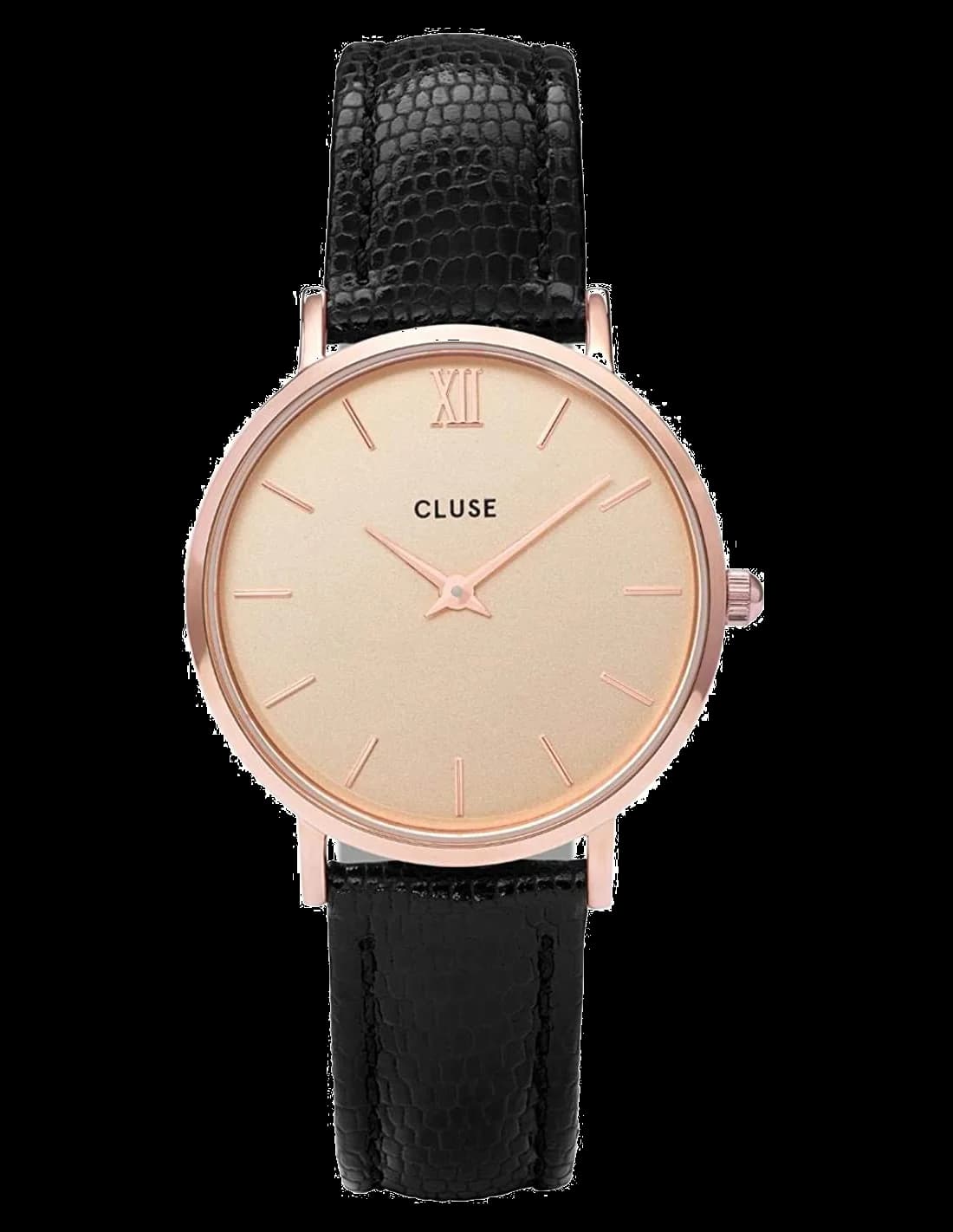 Garde-temps Cluse CL30051 affiche cadran noir soleil avec aiguilles et index dorés, style minimaliste