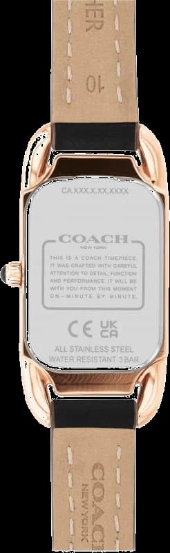 Visage cadran Coach 14504027 index appliqués aiguilles dorées fines date 3h mouvement quartz suisse précis