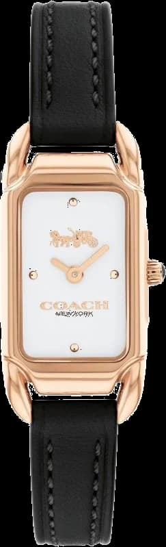 Montre Femme Coach Cadie 14504027 - Boîtier Or Rose, Cadran Blanc Rectangulaire, Bracelet Cuir Noir