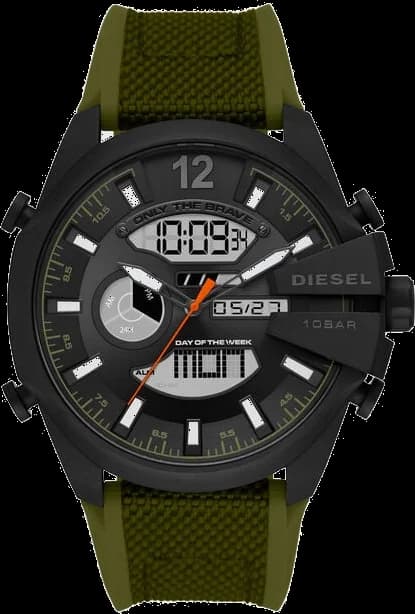 Garde-temps Diesel DZ4549 avec cadran multifonction noir et vert, aiguilles luminescentes et index bâtons sur fond texturé
