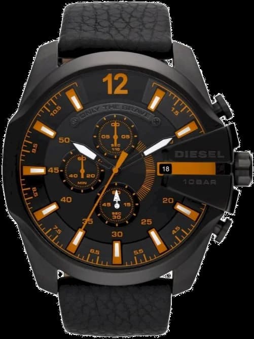 Montre Diesel Mega Chief DZ4291 pour Homme - Cadran Noir, Accents Orange, Bracelet Cuir