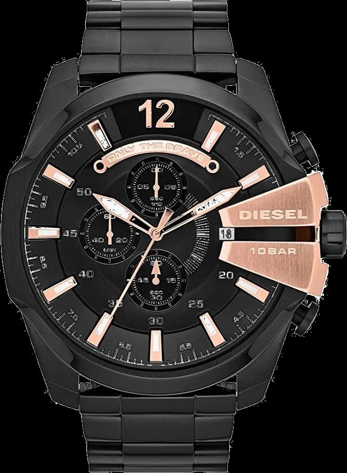 Garde-temps Diesel DZ4309 affichant cadran noir soleillé, index bâton argentés, aiguilles luminescentes, date à 3h