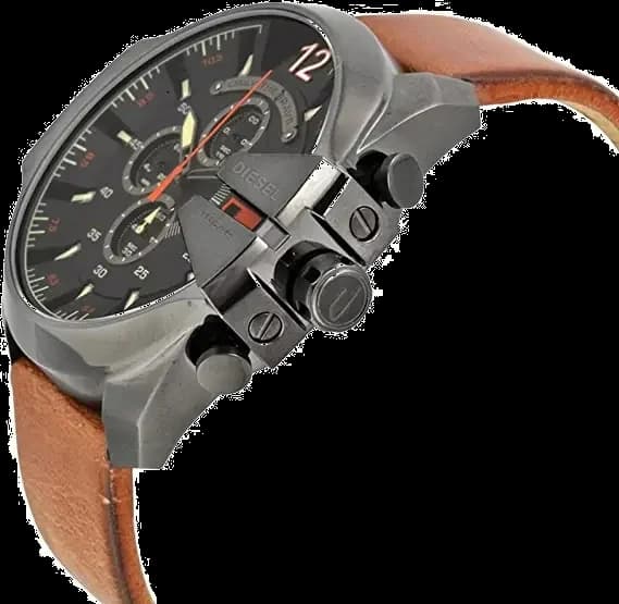 Montre Diesel Mega Chief DZ4343 pour Homme - Boîtier Acier Noir, Cadran Noir, Bracelet Cuir Marron vue 2
