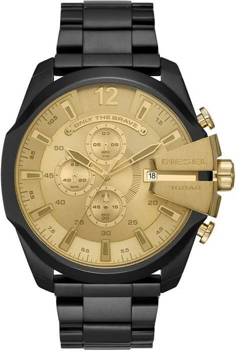 Montre Diesel DZ4485 Mega Chief Homme, Boîtier Acier Noir 51mm, Cadran Doré