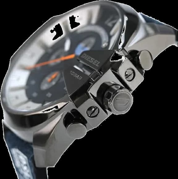 Attache bracelet Diesel DZ4541 en denim bleu cousu, fermoir boucle ardillon en acier brossé, matière robuste et mode