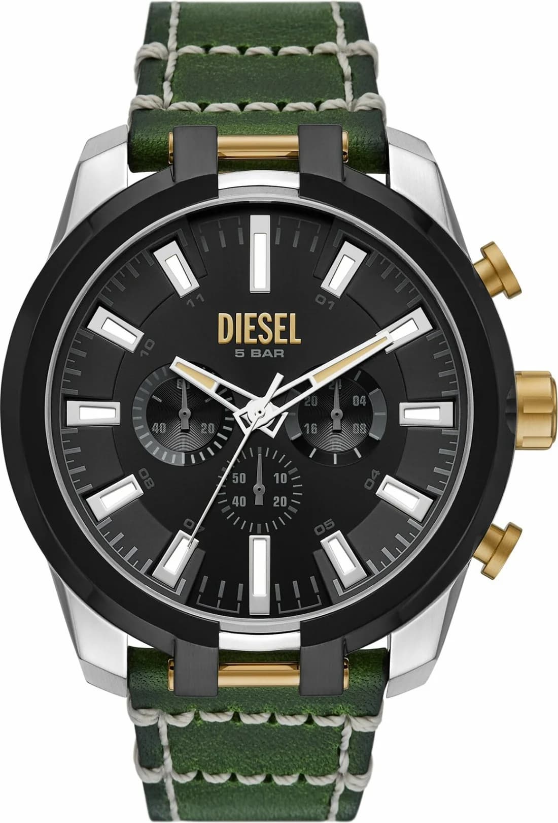 Visage cadran Diesel DZ4588 dévoile compteurs chronographes, guichet date et aiguilles squelettes sur fond vert