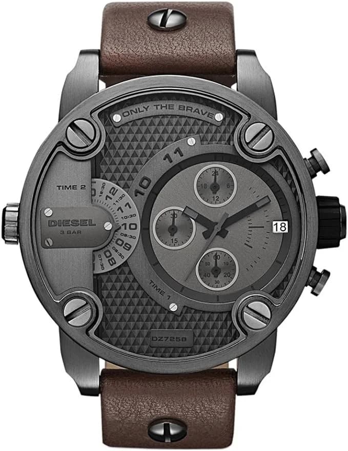 Montre Diesel Big Daddy DZ7258 pour Homme, Cadran Gris et Bracelet Cuir Marron