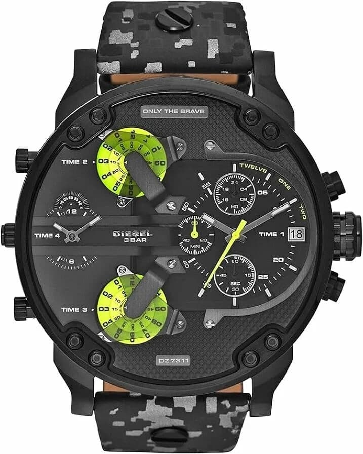 Montre Diesel Mr Daddy 2.0 DZ7311 pour Homme, Cadran 57mm Noir, Bracelet Cuir Camouflage Noir et Gris