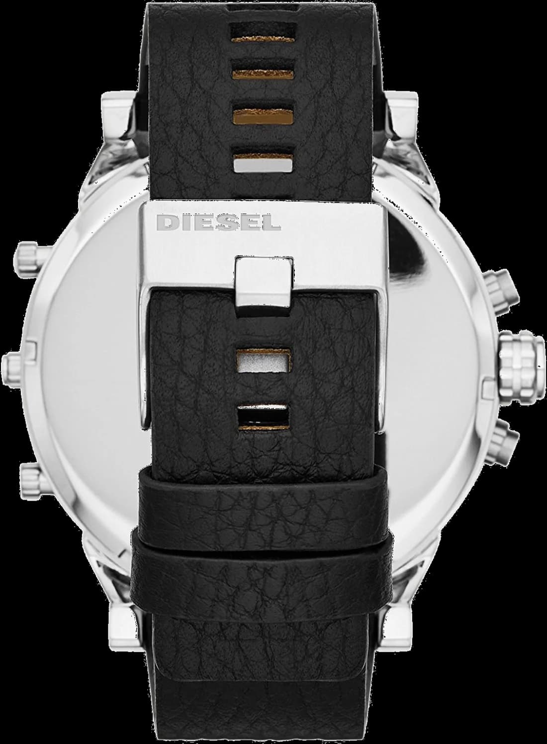 Attache bracelet Diesel DZ7313 en cuir noir cousu blanc avec fermoir bouclard gravé signé Diesel