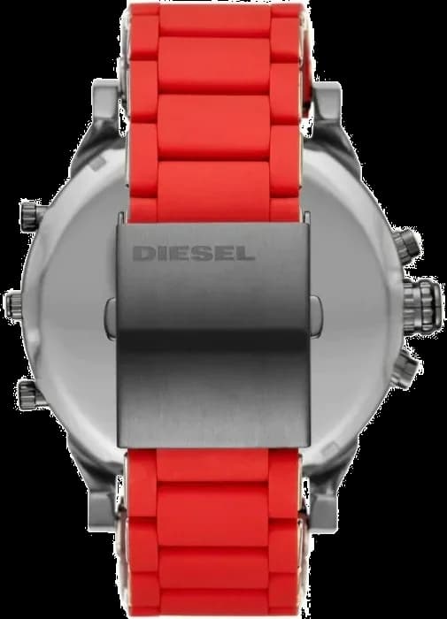 Attache bracelet Diesel DZ7370 en silicone rouge texturé avec boucle ardillon acier massive gravée du logo Diesel