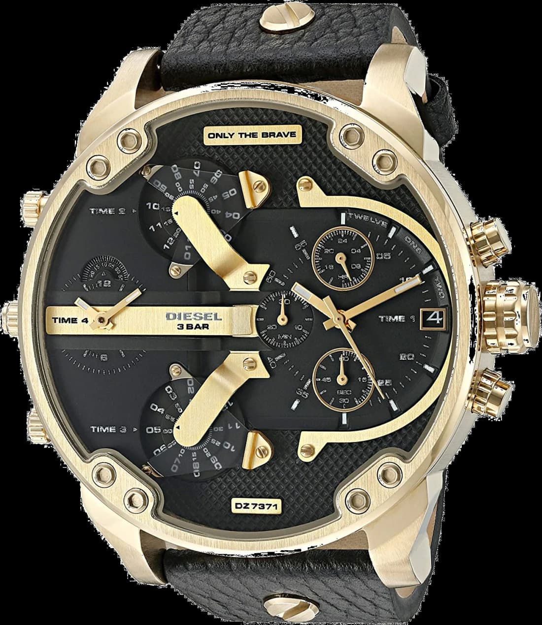 Montre Homme Diesel Mr Daddy DZ7371 - Boîtier or, cadran noir, bracelet cuir