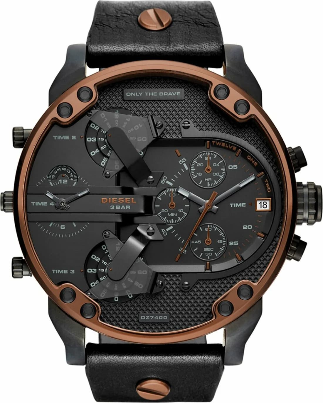 Garde-temps Diesel DZ7400 Mr Daddy 2.0 noir cadran XXL aiguilles luminescentes index blancs sur fond noir mat