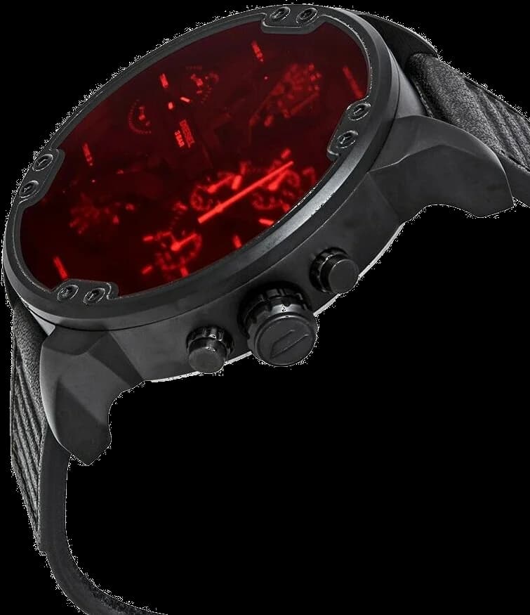 Visage cadran Diesel DZ7402 dévoile index arabes blancs, aiguilles squelettes luminescentes et compteur chronographe à 3h
