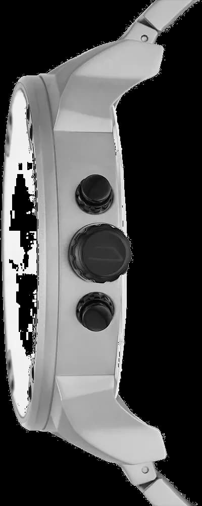 Visage cadran Diesel DZ7421 avec index bâtons blancs et aiguilles luminescentes, guichet date décalé, poussoirs vissés et couronne crantée noire