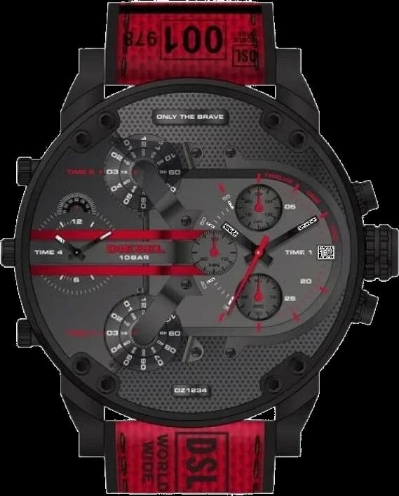Montre Diesel Chronographe DZ7438 pour Homme - Cadran Noir, Bracelet Silicone Rouge