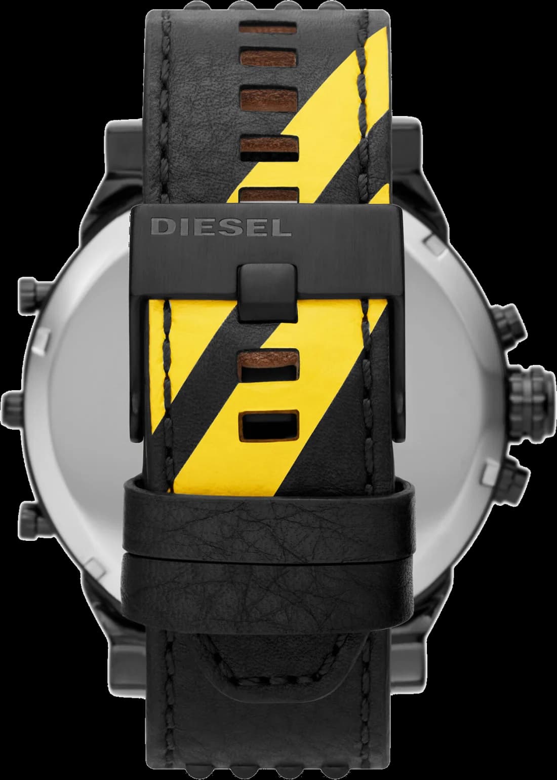 Attache bracelet Diesel DZ7451 en cuir noir grainé avec surpiqûres contrastées et fermoir boucle ardillon signé gravé du logo Diesel