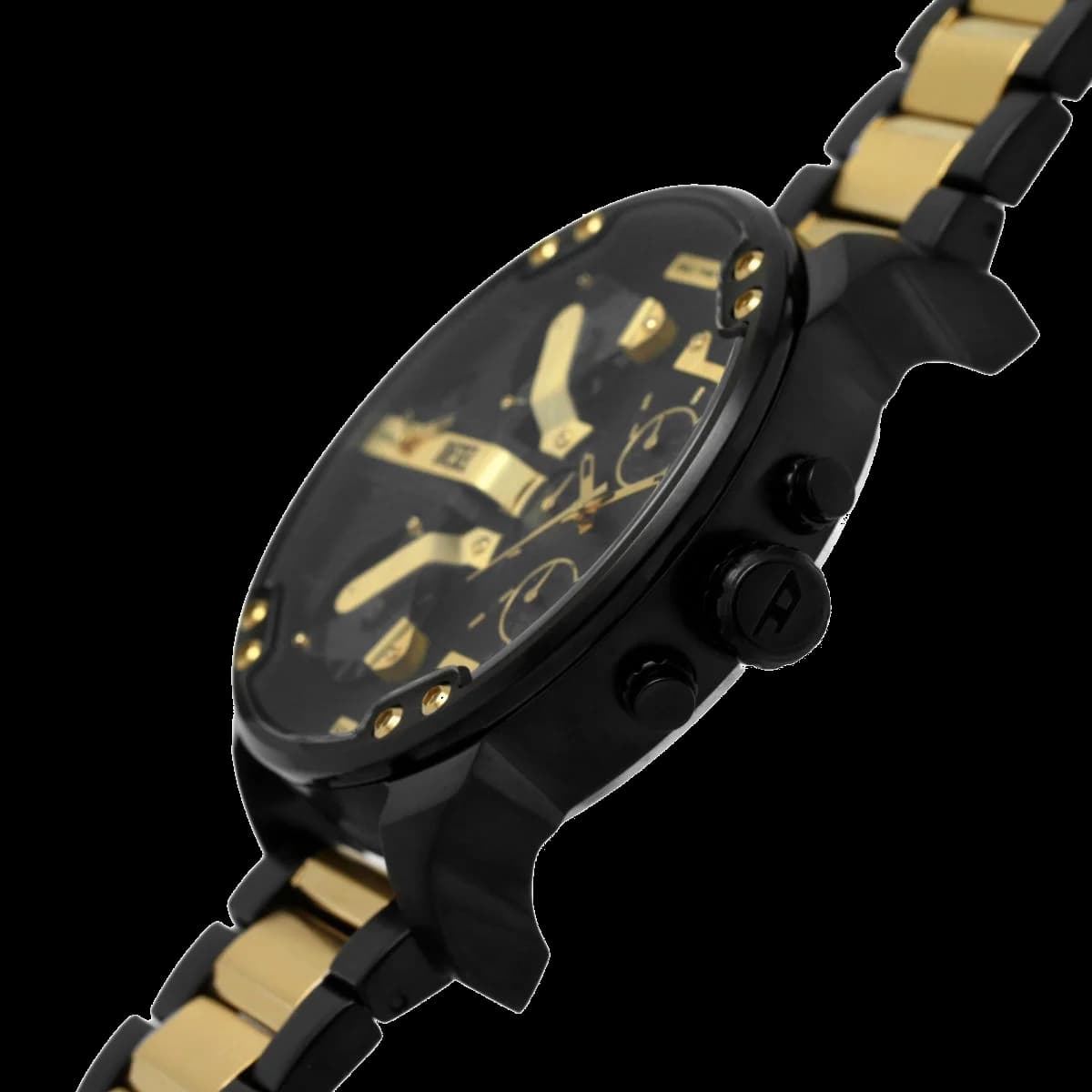 Lunette boîtier Diesel DZ7465 massive en acier noir satiné, lunette fixe cannelée et couronne crantée protectrice pour un look XXL