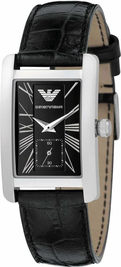 Montre Femme Emporio Armani AR0144 - Boîtier Rectangulaire Argent, Cadran et Bracelet Cuir Noir