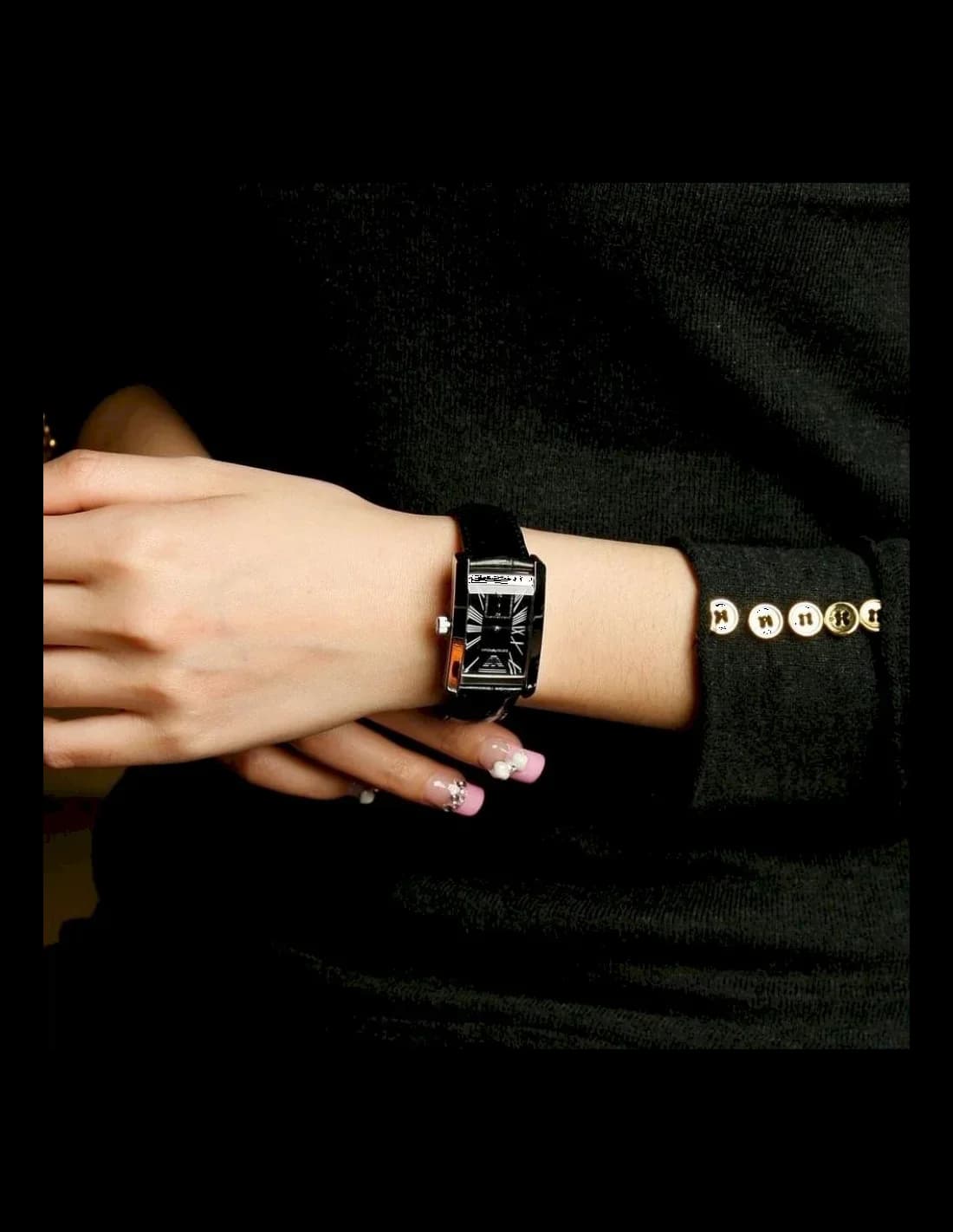 Montre Femme Emporio Armani AR0144 - Boîtier Rectangulaire Argent, Cadran et Bracelet Cuir Noir vue 3