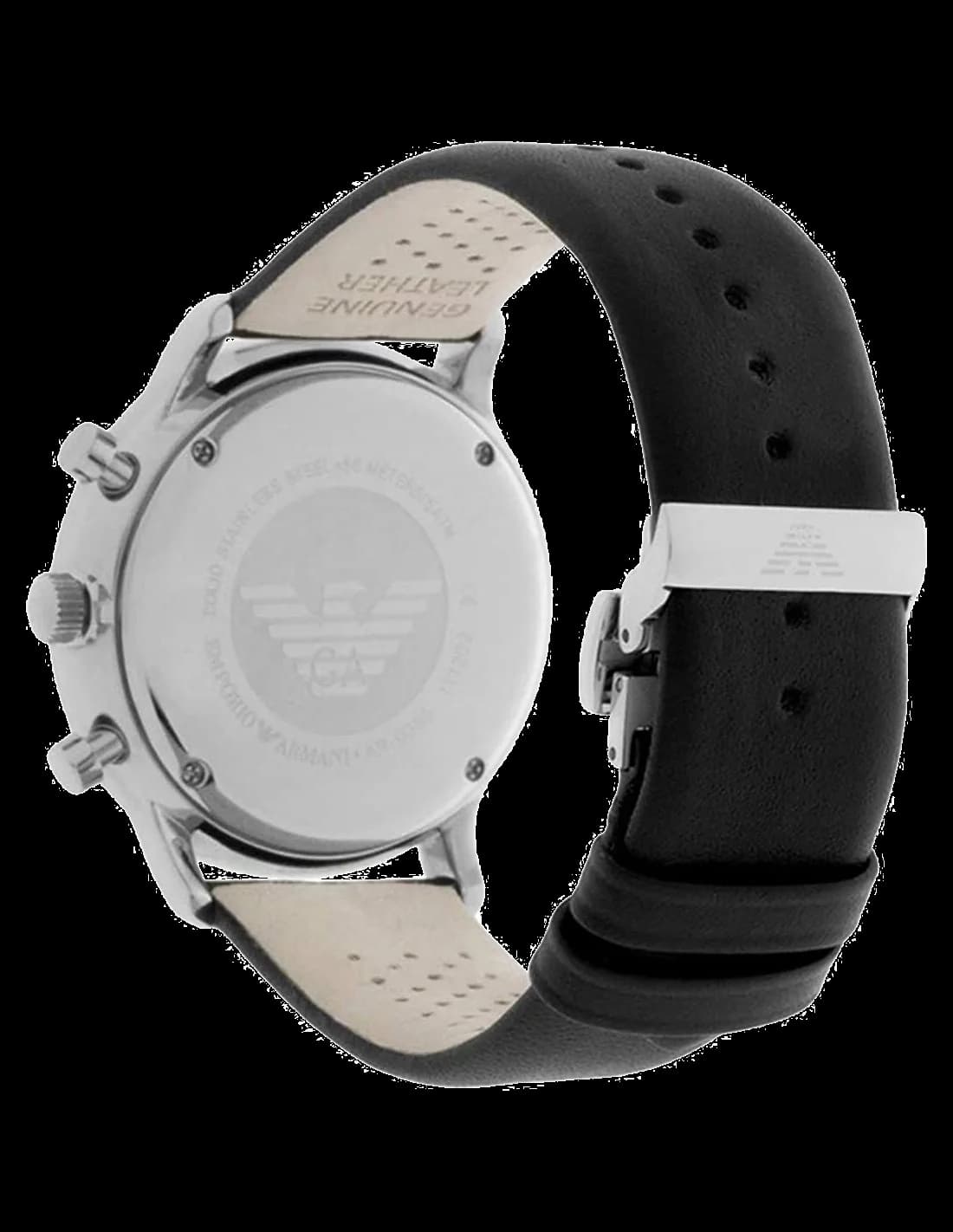 Attache bracelet Emporio Armani AR0385 en cuir noir cousu main avec boucle ardillon acier signée du logo aigle EA