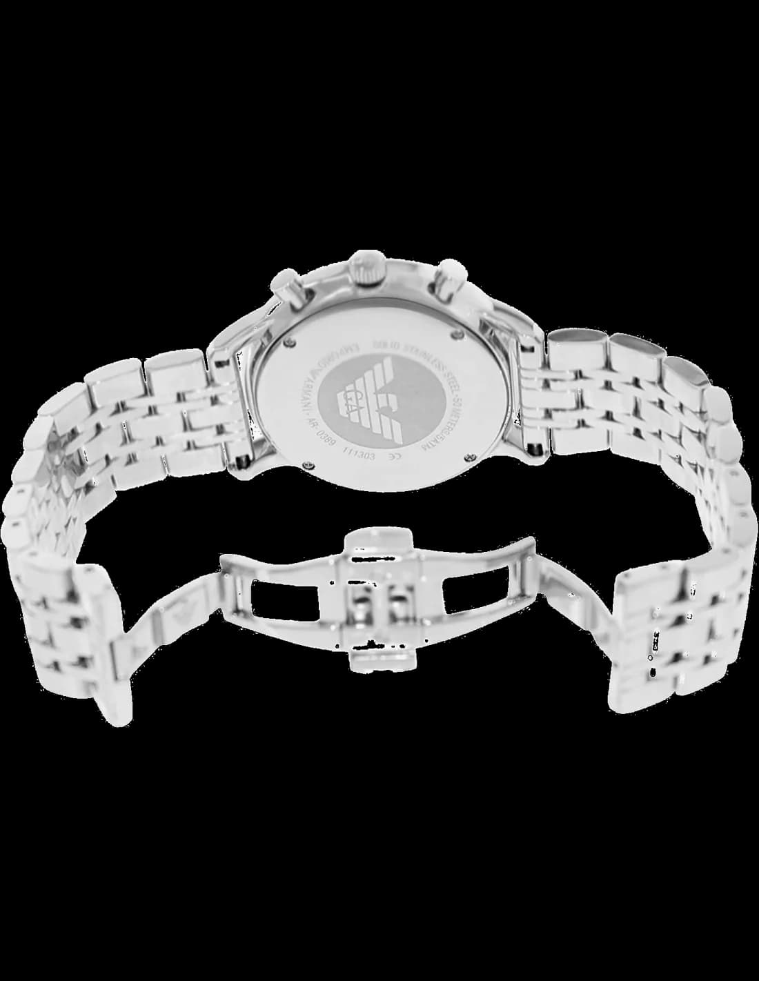 Attache bracelet Emporio Armani AR0389 en acier brossé avec fermoir déployant triple boutons-poussoirs, maillons H solides et ajustement micrométrique