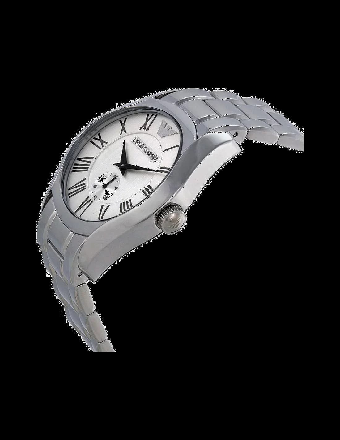 Visage cadran Emporio Armani AR0647 aux aiguilles dauphine polies, index bâton, guichet date à 3h, lisibilité optimale
