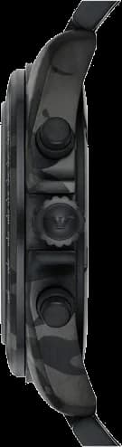 Visage cadran Emporio Armani AR11027 détail des index appliqués et aiguilles squelette, date à 3h, finition soleillée camouflage