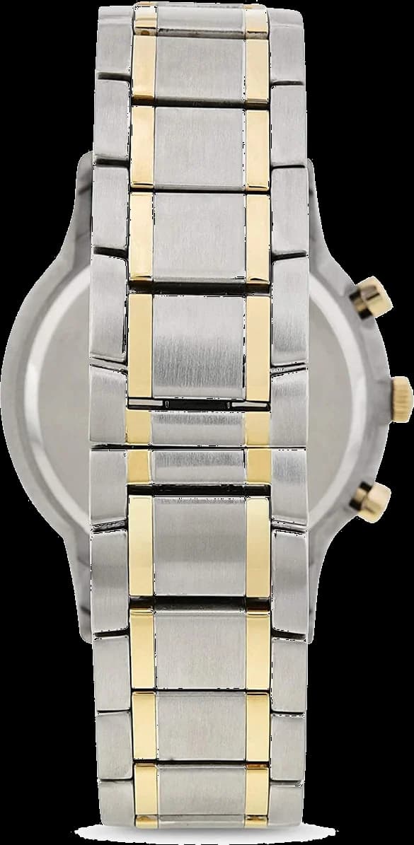 Attache bracelet Emporio Armani AR11076 en tissu NATO bleu marine et blanc, boucle ardillon acier bicolore gravée logo