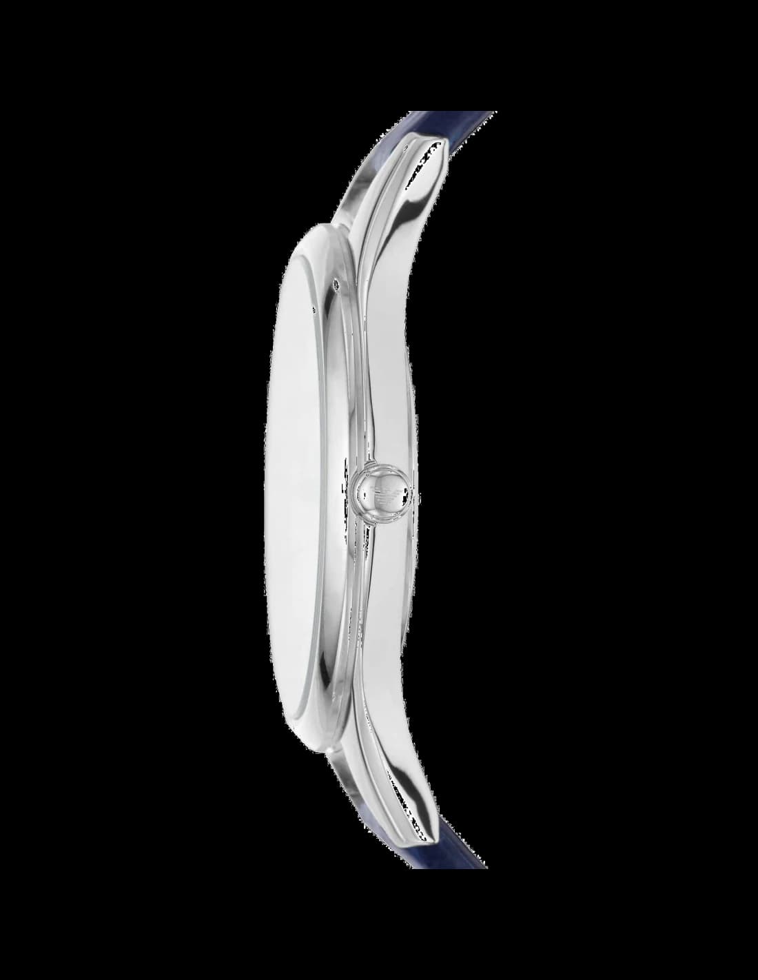Visage cadran Emporio Armani AR11090 affichage date 3h, aiguilles dauphine polies, index appliques argentés sur fond bleu
