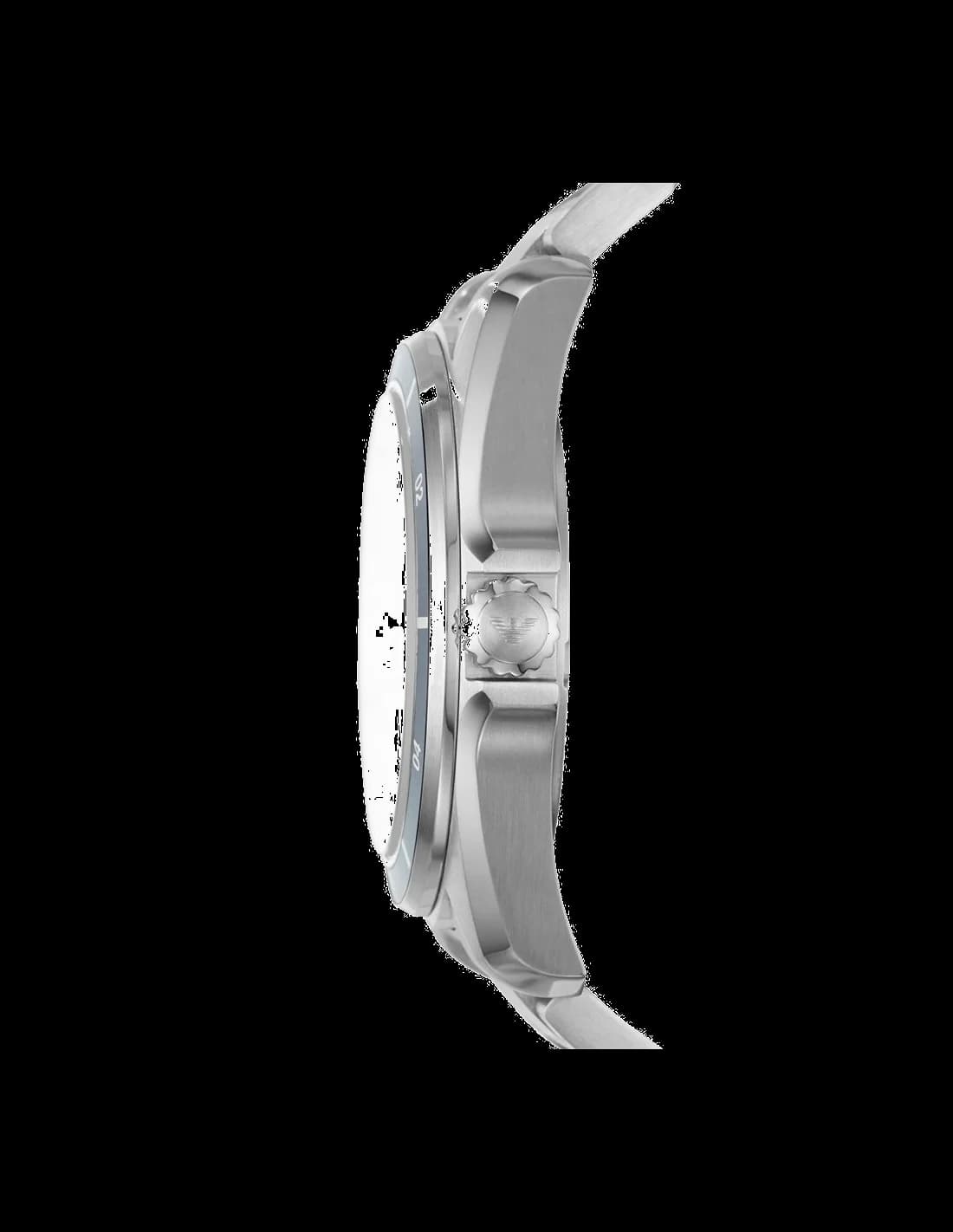 Visage cadran Emporio Armani AR11100 avec index bâtons appliqués et aiguilles dauphine, date à 3h, fond bleu profond