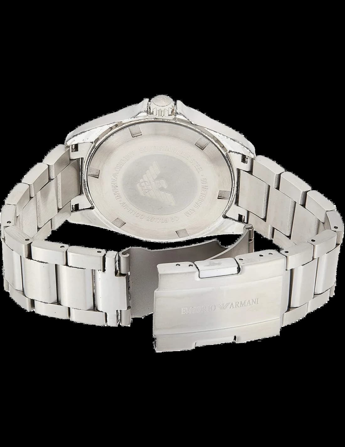 Attache bracelet Emporio Armani AR11100 en acier inoxydable brossé, fermoir déployant, maillons milanais, finition argentée