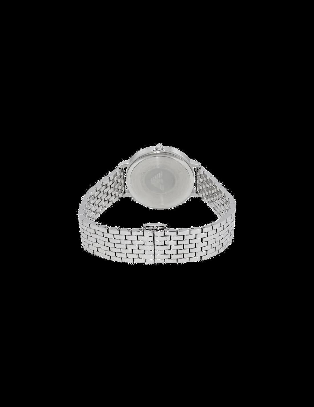 Visage cadran Emporio Armani AR11112 détail des aiguilles dauphine polies et guichet date à 3h sur nacre naturelle