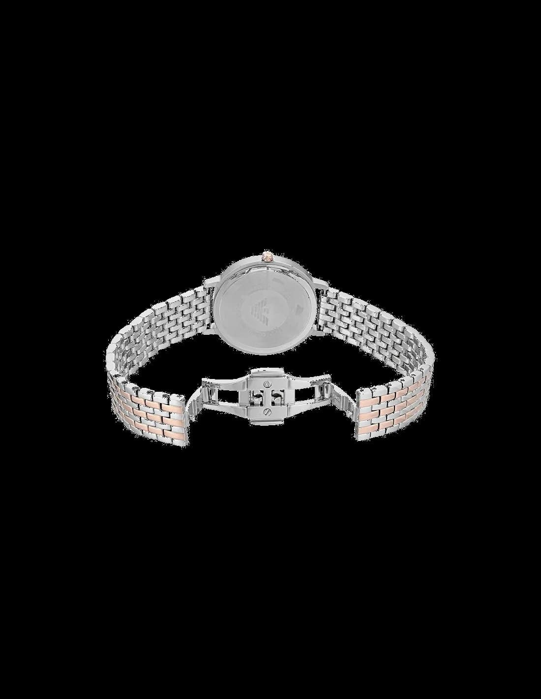 Visage cadran Emporio Armani AR11113 aux index appliqués et aiguilles dauphine dorées, date à 3h sur fond gris soleillé