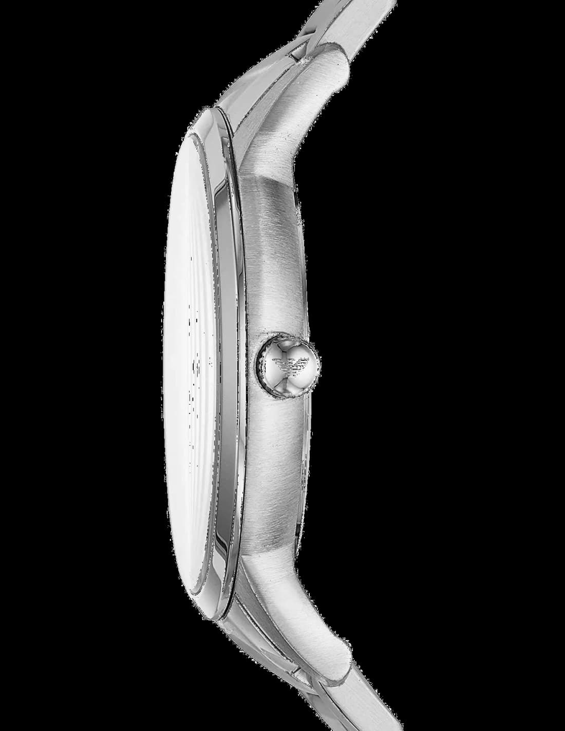 Visage cadran Emporio Armani AR11137 dévoilant un cadran noir avec index appliqués, aiguilles dauphine et guichet date à 3h