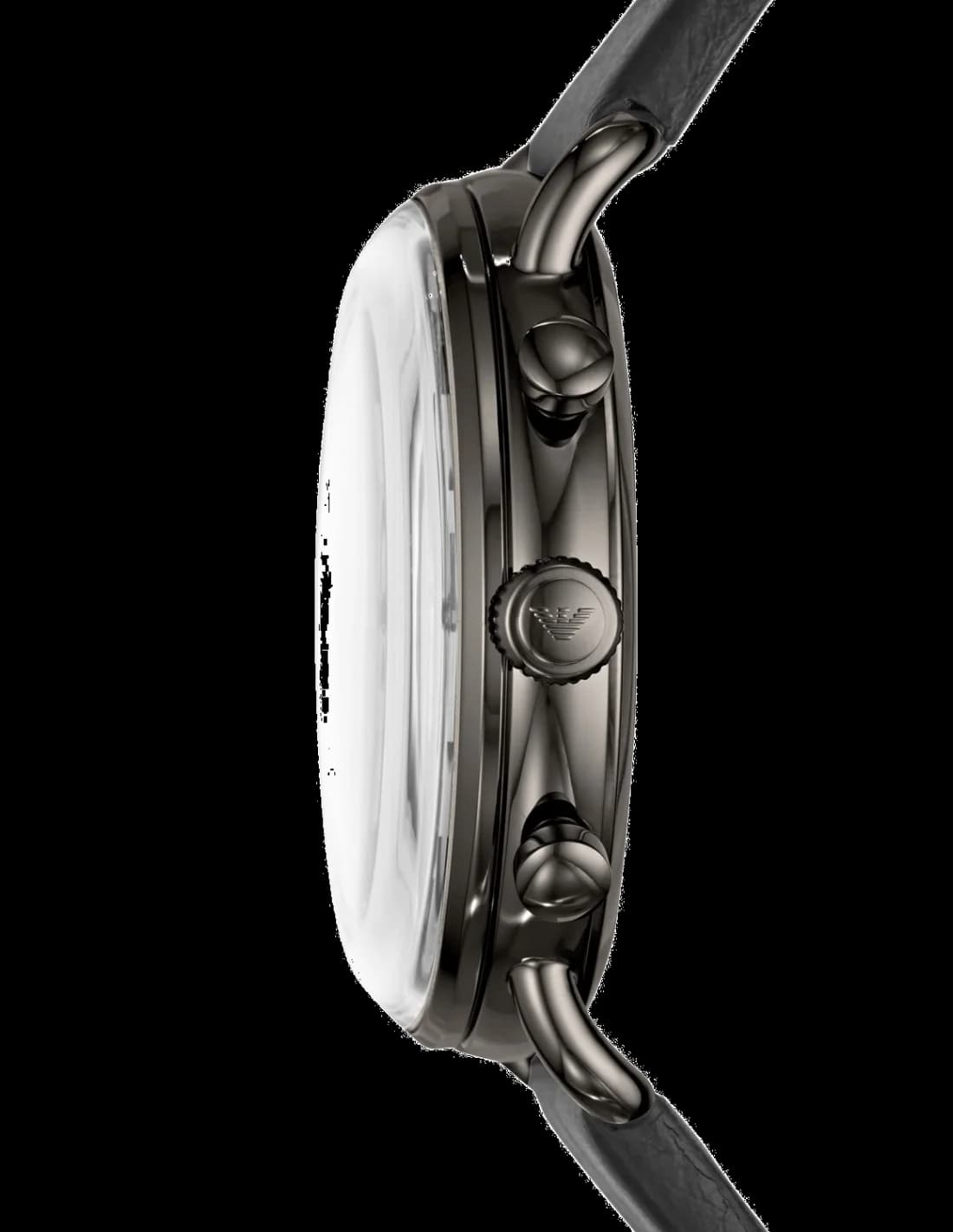 Visage cadran Emporio Armani AR11168 dévoile index appliques, aiguilles dauphine et date à 4h30 sur fond gris soleillé