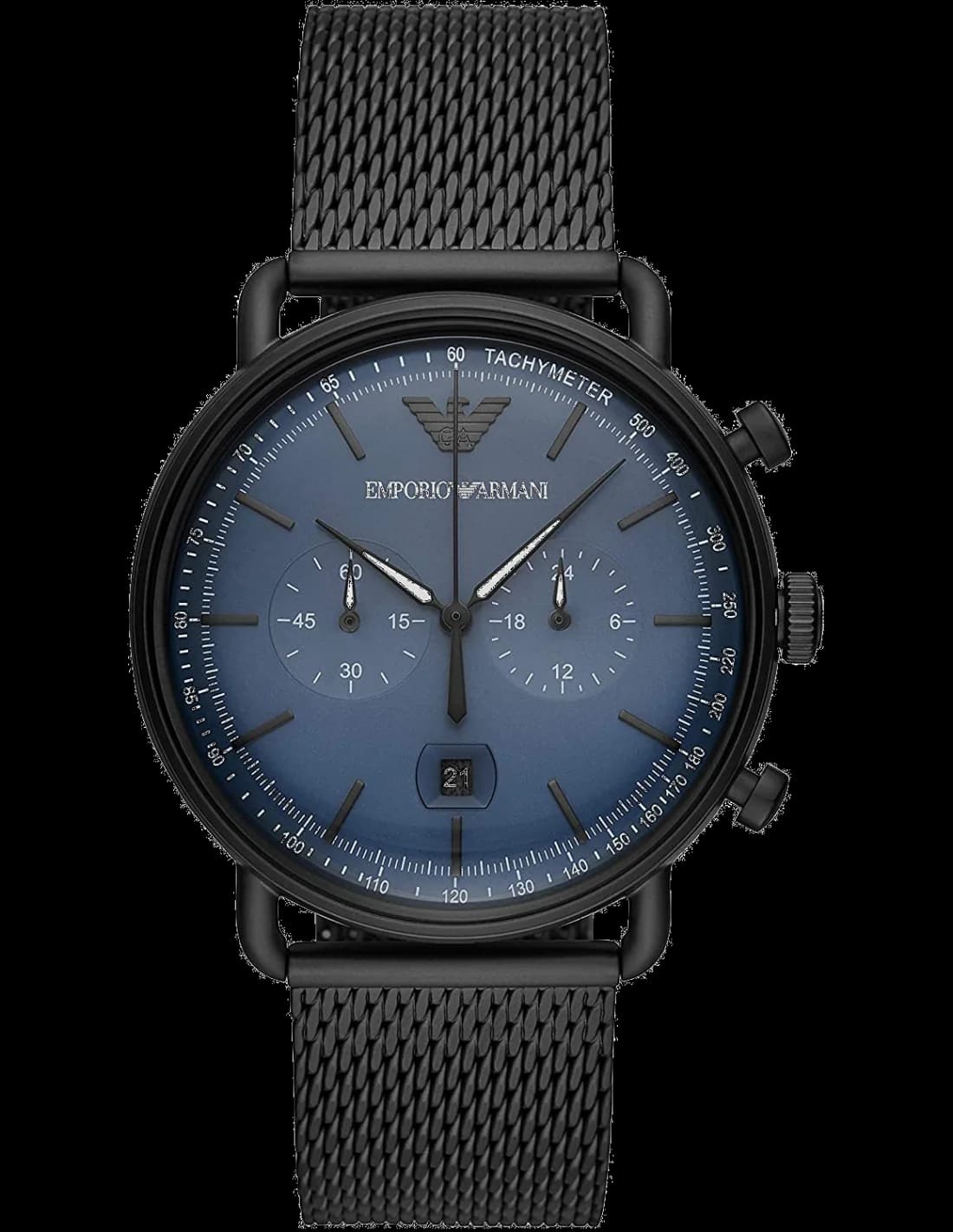 Montre Homme Emporio Armani Aviator AR11201, boîtier et maille milanaise noire, cadran bleu
