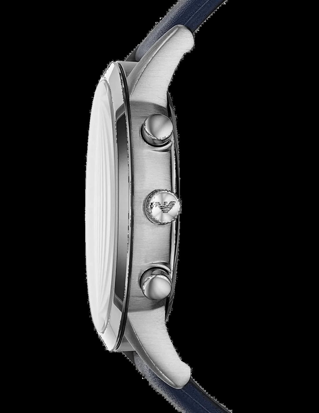 Visage cadran Emporio Armani AR11216 affichage chronographe trois compteurs, guichet date à 4h30 et aiguilles squelettées du mouvement quartz