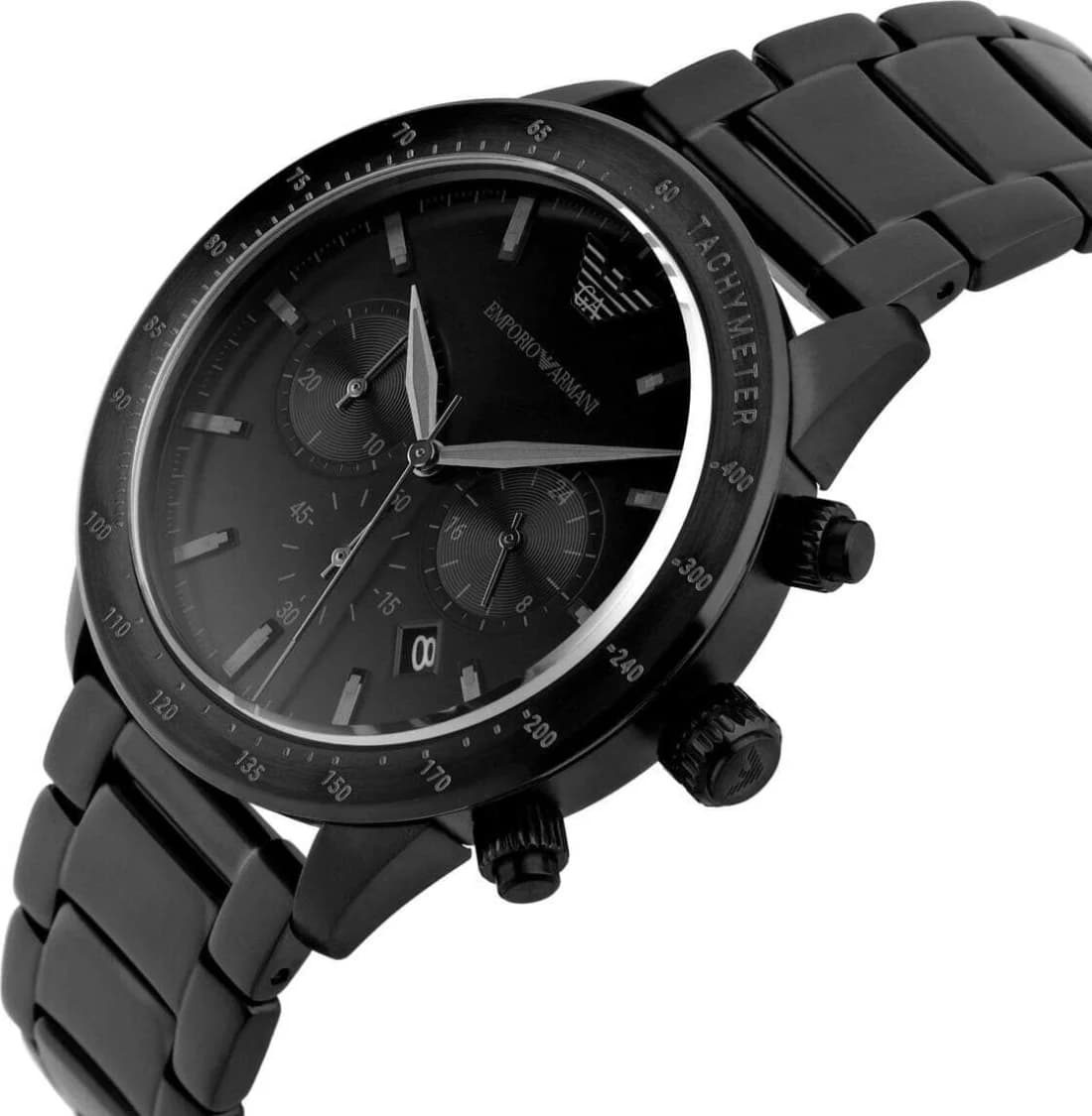 Visage cadran Emporio Armani AR11242 présentant index appliques et aiguilles dauphine polies, date à 3h, fond minéral