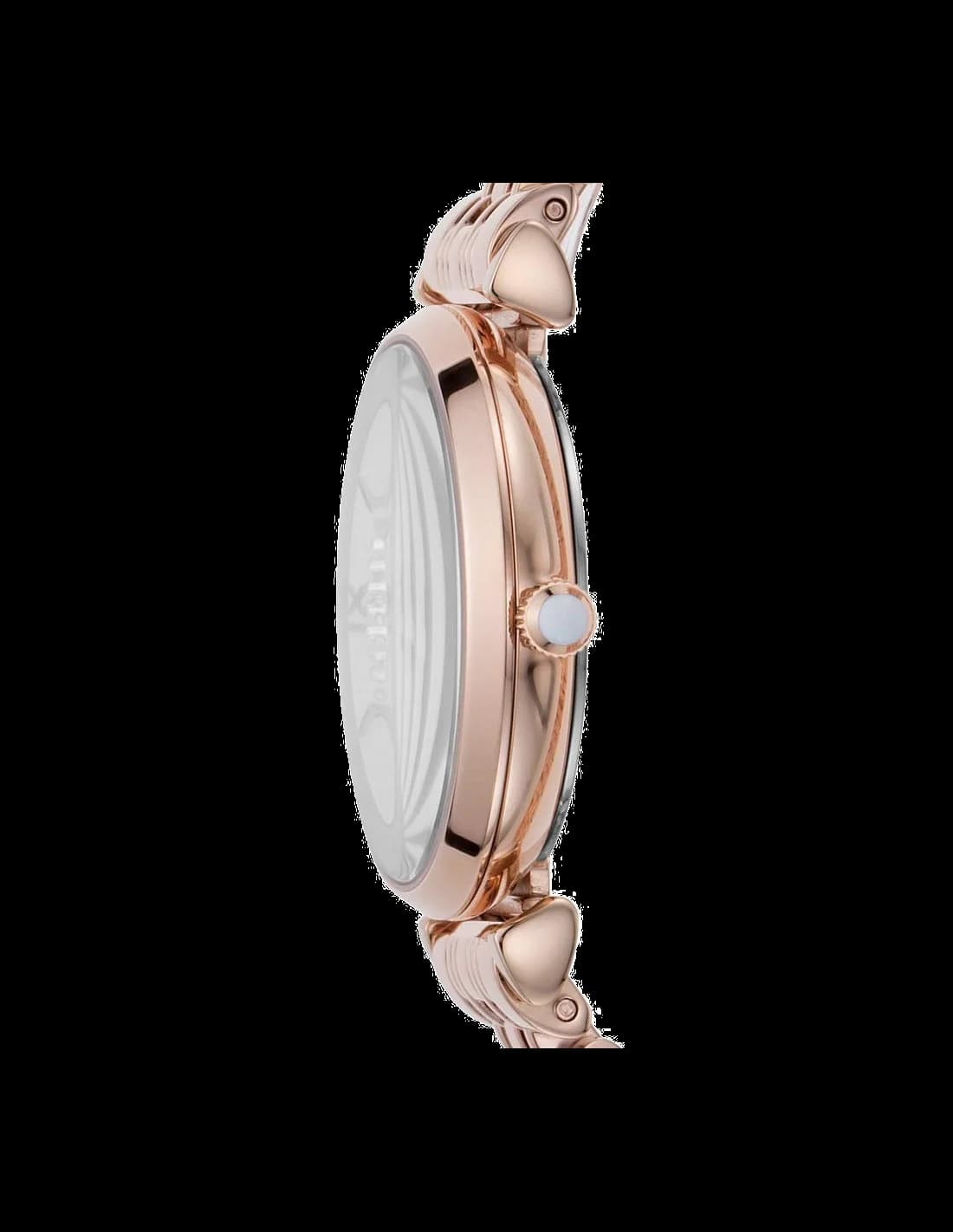 Visage cadran Emporio Armani AR11244 dévoile index bâton polis et aiguilles dauphine sur fond soleil champagne avec guichet date à 3h