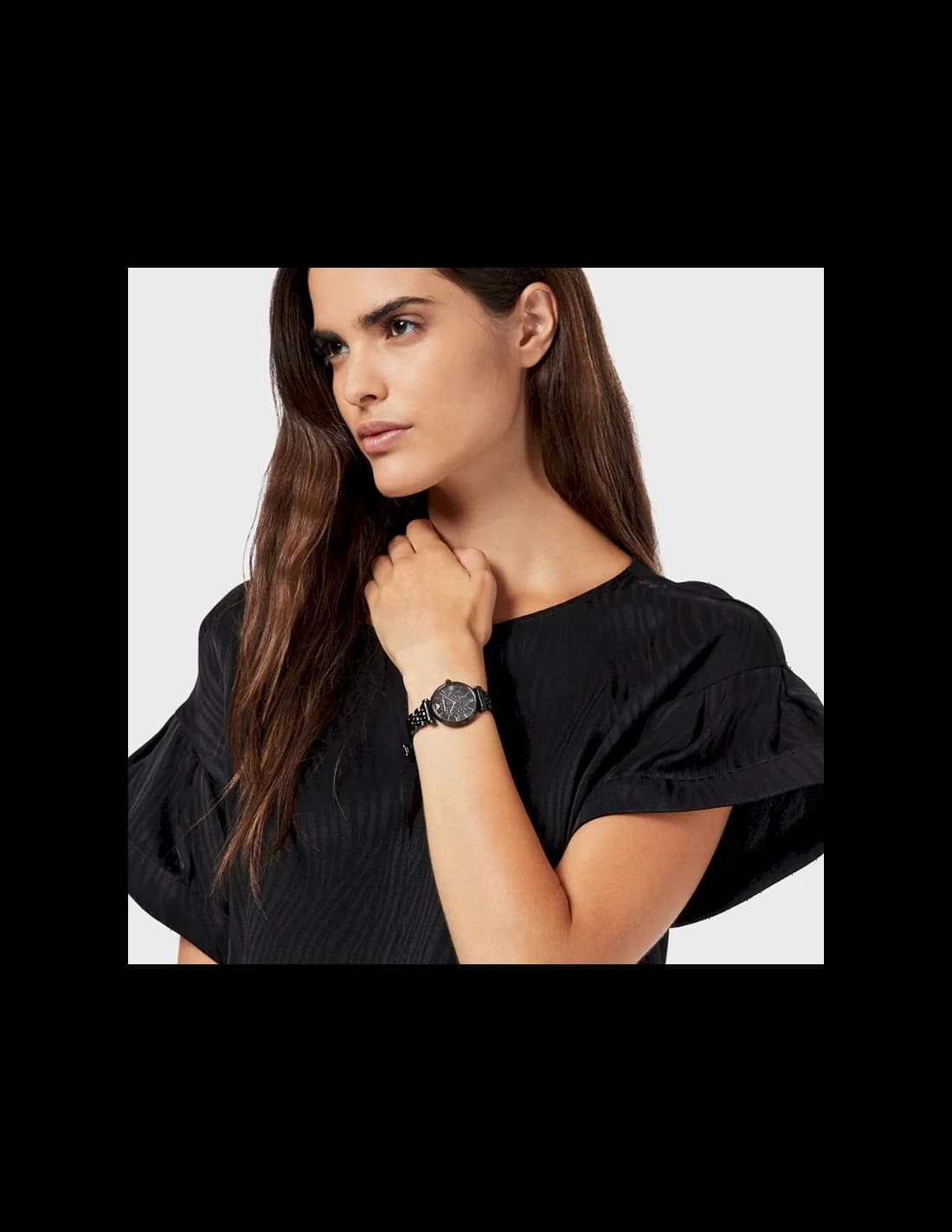Lunette boîtier Emporio Armani AR11245 en acier inoxydable noir, lunette lisse polie, fond plein gravé, vue profil 11 mm d'épaisseur