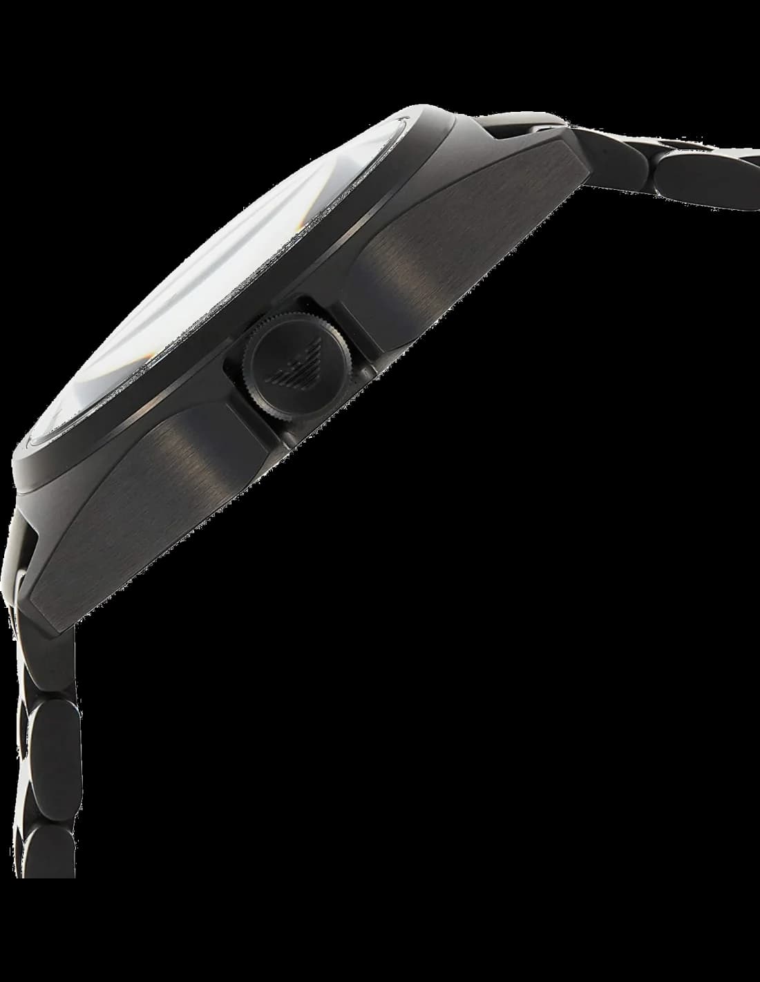 Visage cadran Emporio Armani AR11257 dévoile index bâtons polis et aiguilles dauphine sur fond noir mat, date à 3h