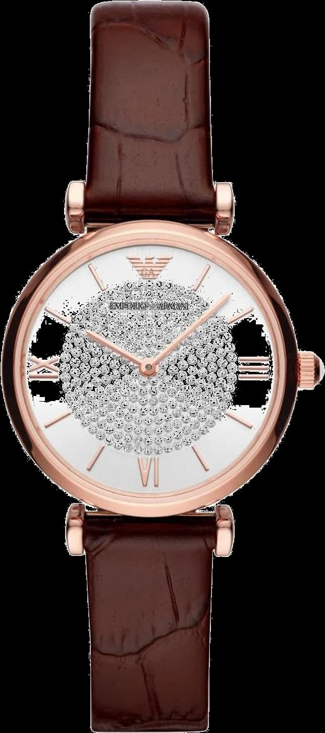Montre Femme Emporio Armani AR11269 Cadran Nacre Blanche Boîtier Or Rose Bracelet Cuir Marron